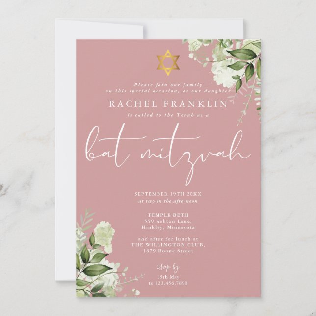 Greenery Dusty Rose Pink Monogram Bat Mitzvah Invitation (Front)
