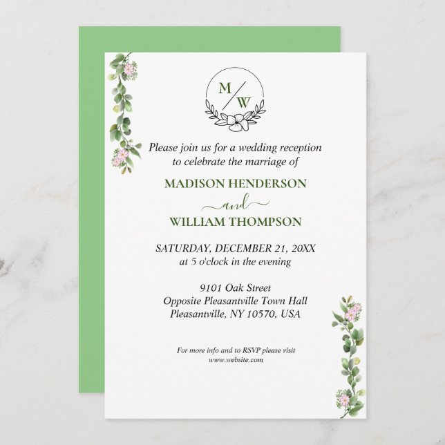 Greenery Elegant and Floral Wedding Reception Invitation (Front/Back)