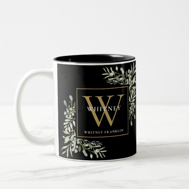 Greenery Elegant Black Gold Personalised Monogram  Two-Tone Coffee Mug (Left)