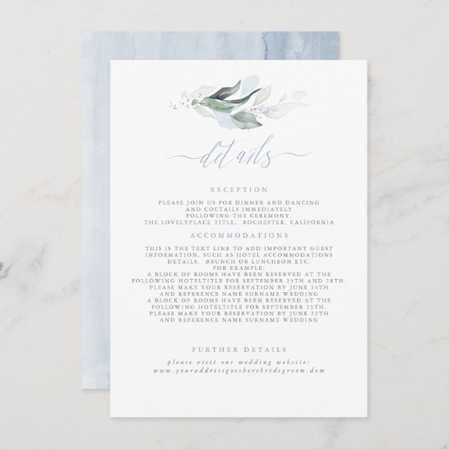 Greenery Elegant Dusty Blue Wedding Details Enclosure Card (Front/Back)