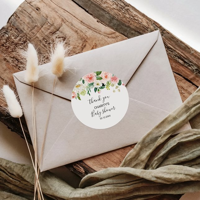 Greenery Elegant Floral Baby Shower Thank you Classic Round Sticker (Creator Uploaded)