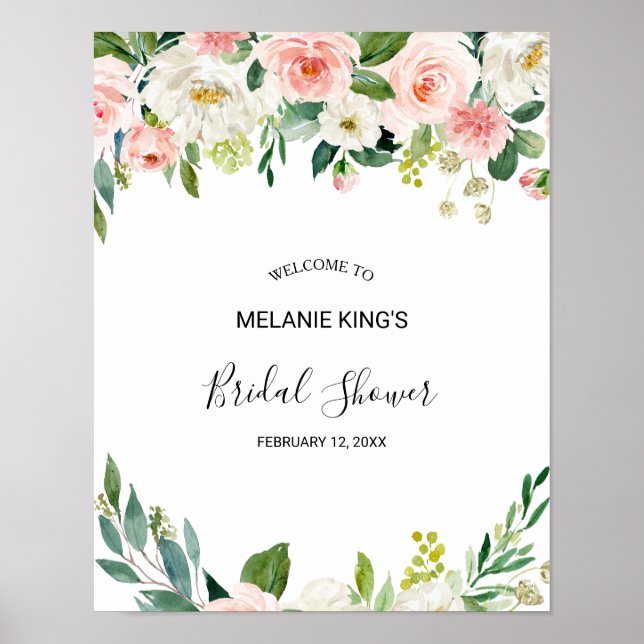 Greenery Elegant Floral Bridal Shower Welcome Poster (Front)