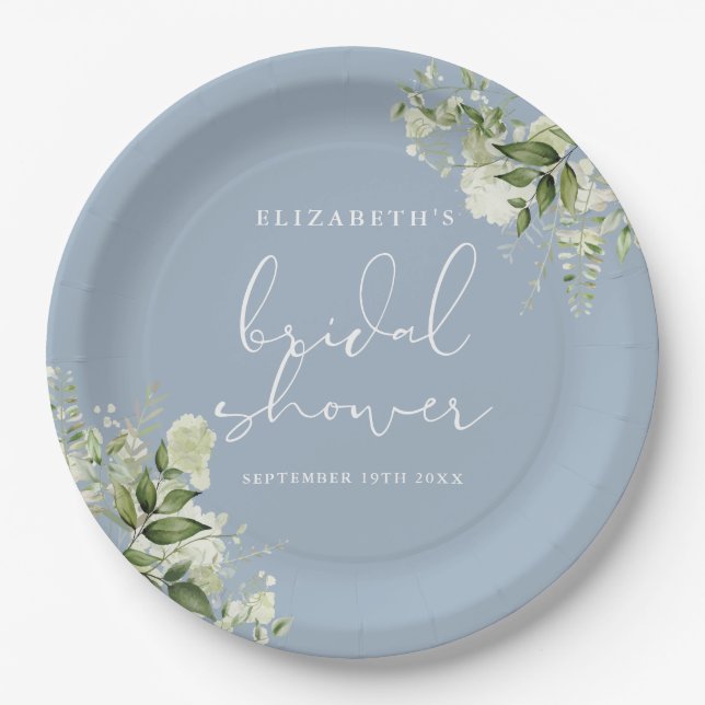Greenery Elegant Floral Dusty Blue Bridal Shower Paper Plate (Front)