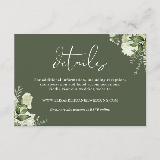 Greenery Elegant Olive Green Wedding Details Enclosure Card (Front)