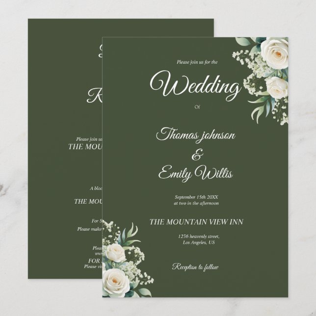 Greenery elegant olive green wedding invitation (Front/Back)