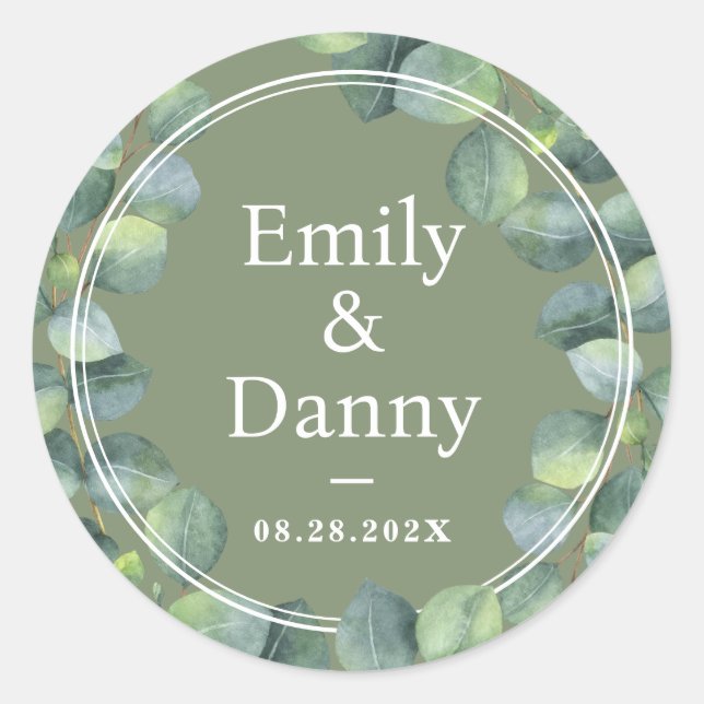 Greenery Elegant Sage Green Botanical Wedding Classic Round Sticker (Front)