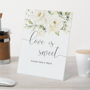 Greenery Elegant White rose Wedding Love is Sweet Pedestal Sign