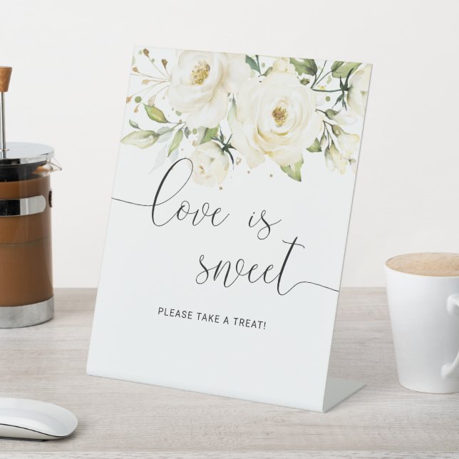Greenery Elegant White rose Wedding Love is Sweet Pedestal Sign (In SItu)