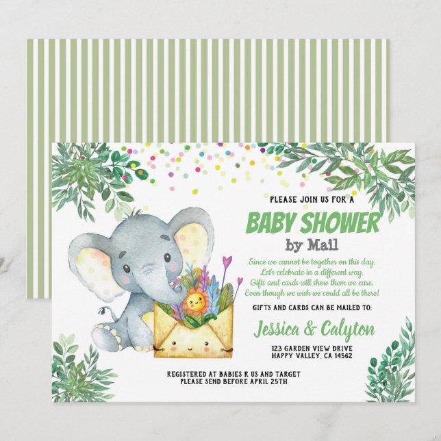 Greenery Elephant baby shower by mail , virtual Invitation (Front/Back)