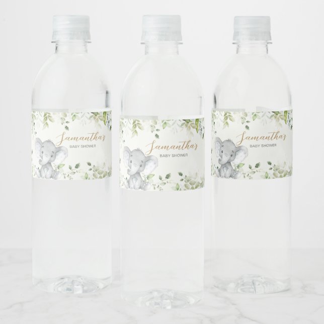 Greenery Elephant Baby Shower Water Bottle Label (Bottles)