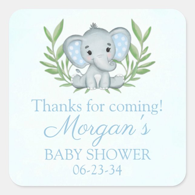 Greenery Elephant Blue Boy Baby Shower Square Stic Sticker (Front)