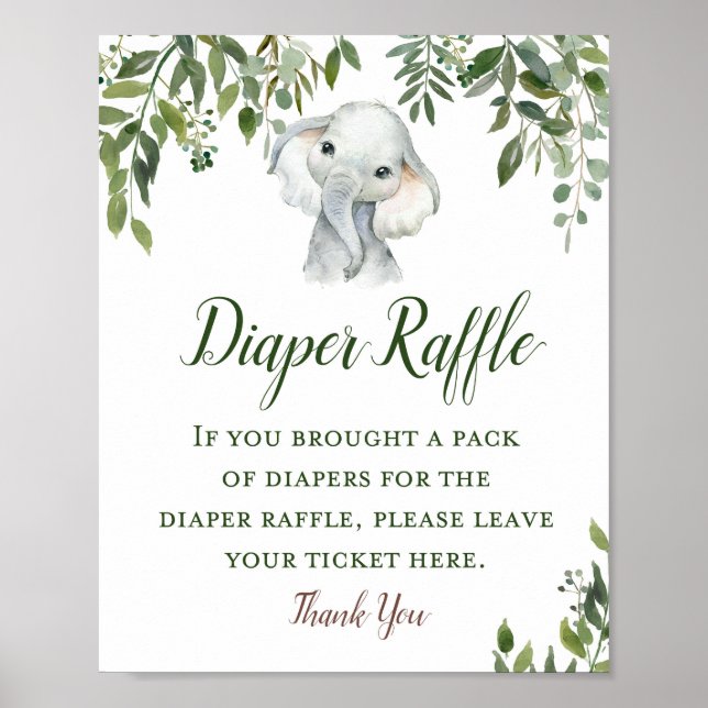 Greenery Elephant Diaper Raffle Sign (Front)