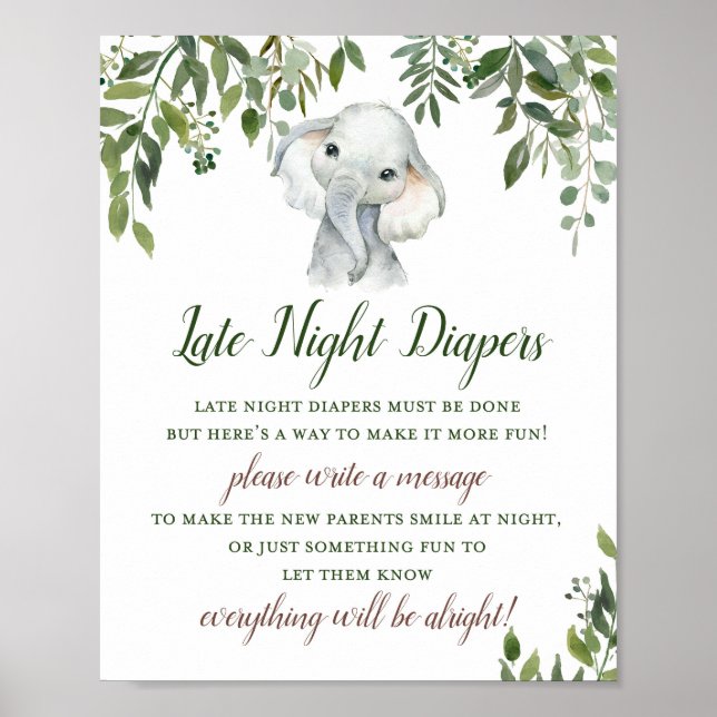 Greenery Elephant Late night Diapers Sign (Front)