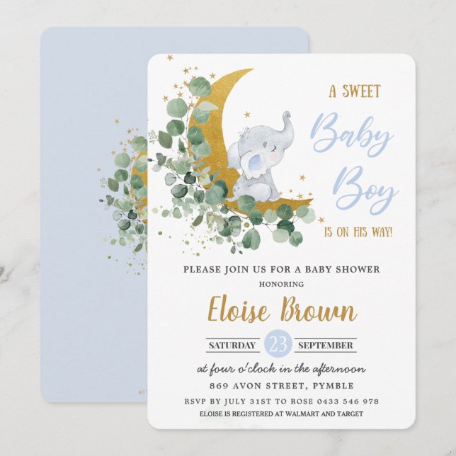 Greenery Elephant Moon Sweet Baby Boy Shower  Invitation (Front/Back)