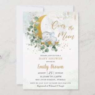 Greenery Elephant Over the Moon Boy Baby Shower Invitation
