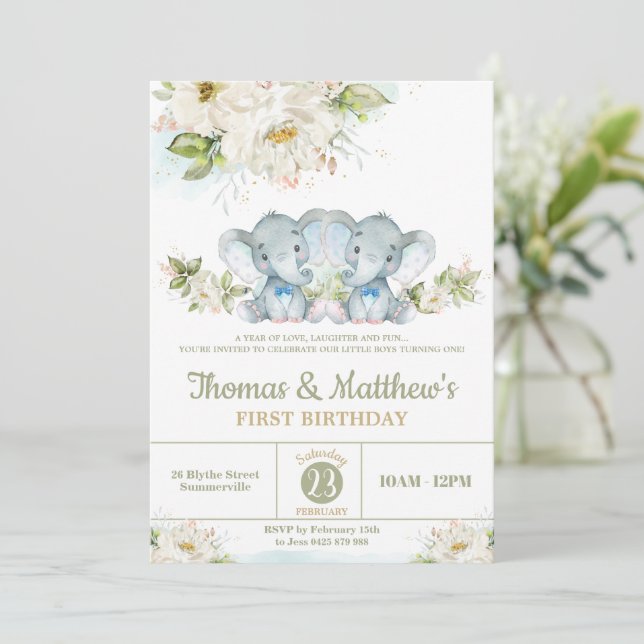 Greenery Elephant Twin Boys 1st Birthday Party  Invitation (Standing Front)