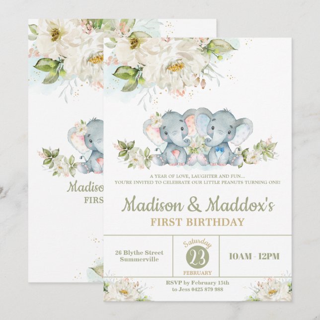 Greenery Elephant Twins Boy Girl Birthday Party Invitation (Front/Back)