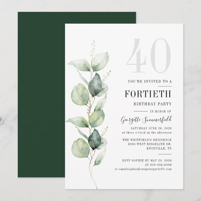 Greenery Eucalyptus 40th Birthday Party Invitation (Front/Back)