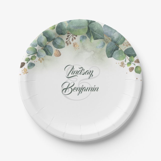 Greenery - Eucalyptus and Gold Leaves Wedding Paper Plate (Front)