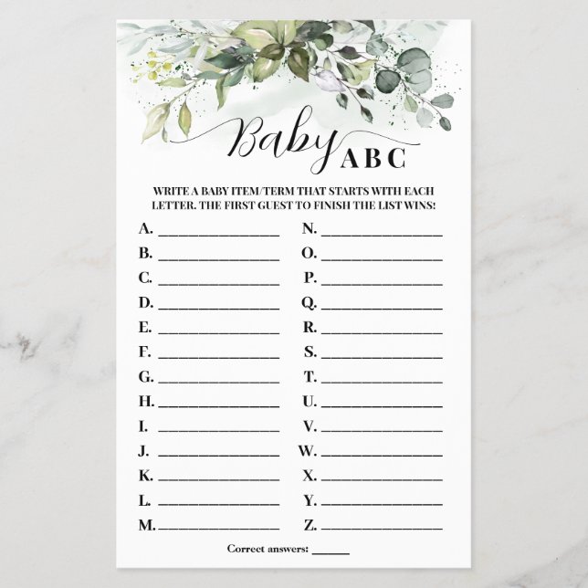 Greenery Eucalyptus Baby ABC Baby Shower Game Card (Front)