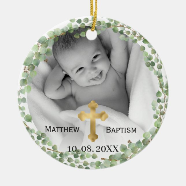 Greenery Eucalyptus Baby Baptism Photo Ceramic Tree Decoration (Front)