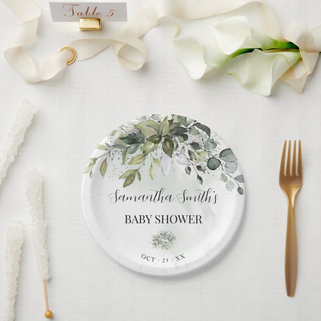 Greenery Eucalyptus Baby Shower Round Paper Plate (Wedding)