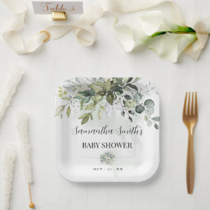 Greenery Eucalyptus Baby Shower Square Paper Plate
