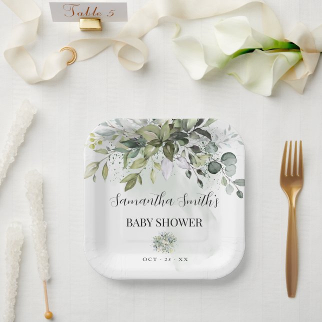 Greenery Eucalyptus Baby Shower Square Paper Plate (Wedding)