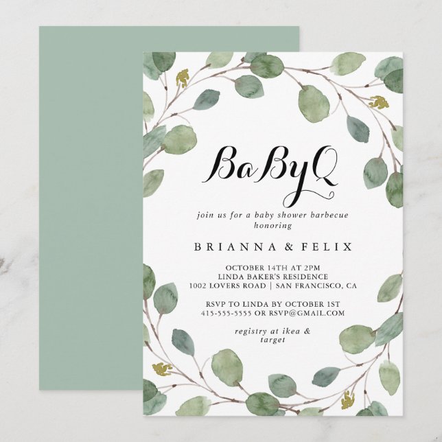 Greenery Eucalyptus BabyQ Baby Shower Barbecue Invitation (Front/Back)