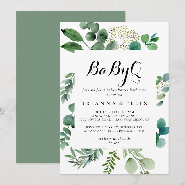 Greenery Eucalyptus BabyQ Baby Shower Barbecue Invitation (Front/Back)
