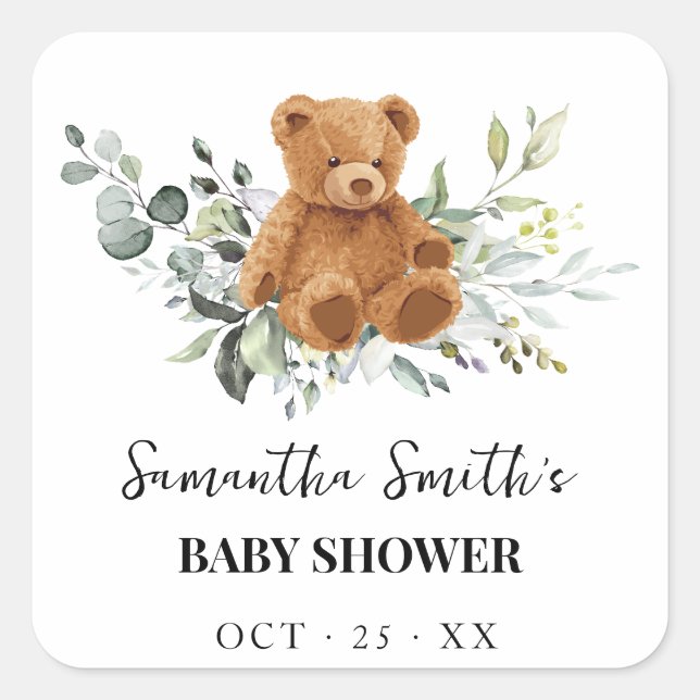 Greenery Eucalyptus Bear Baby Shower Square Sticker (Front)