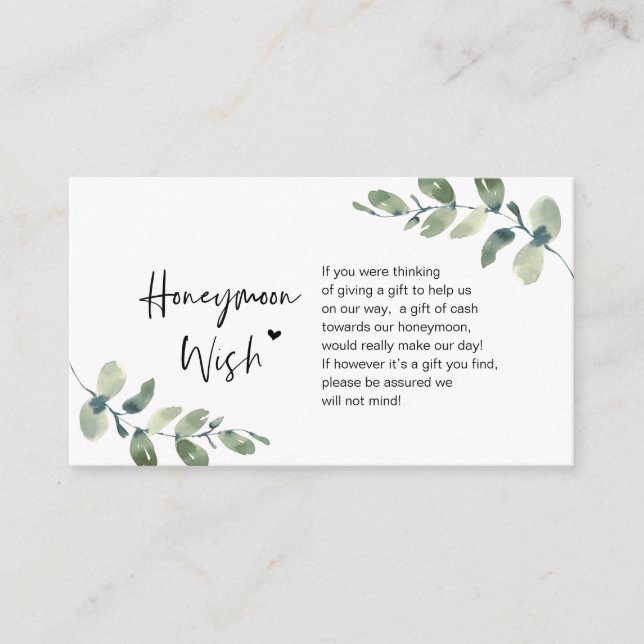Greenery Eucalyptus, Black ink, Honeymoon Wish Enclosure Card (Front)