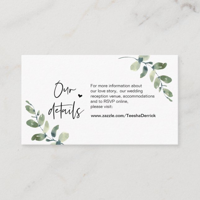 Greenery Eucalyptus,, Black, Wedding Details Enclosure Card (Front)