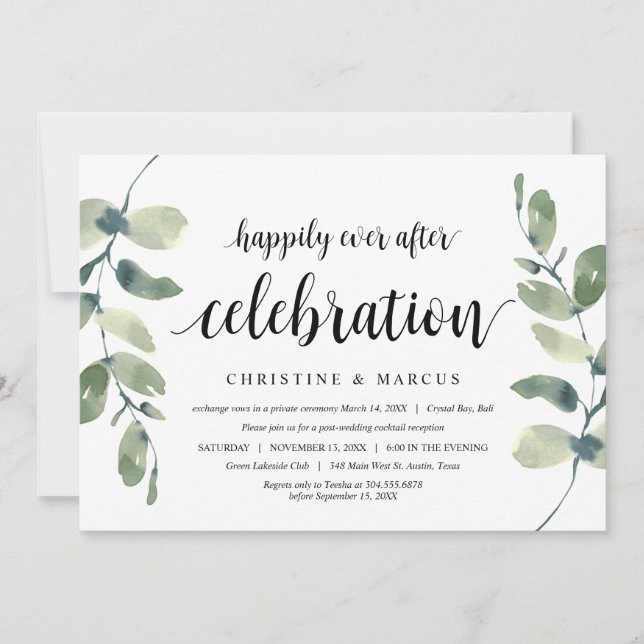 Greenery Eucalyptus, Black, Wedding Elopement Invitation (Front)