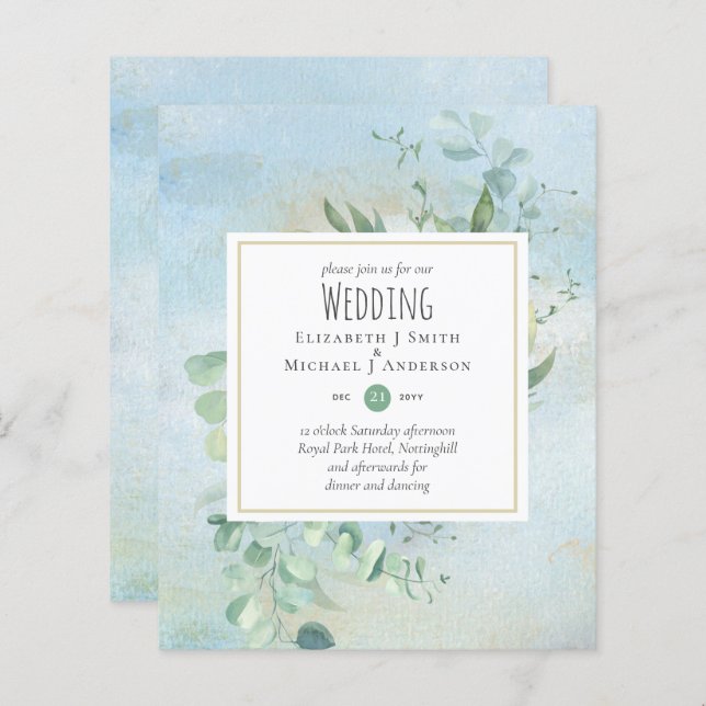Greenery Eucalyptus Blue Wedding BUDGET Invites (Front/Back)