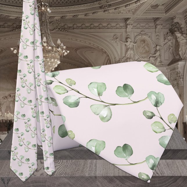 Greenery Eucalyptus Blush Pink Wedding Tie (Creator Uploaded)