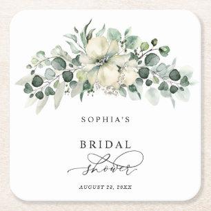 Greenery Eucalyptus Bridal Shower Square Paper Coaster