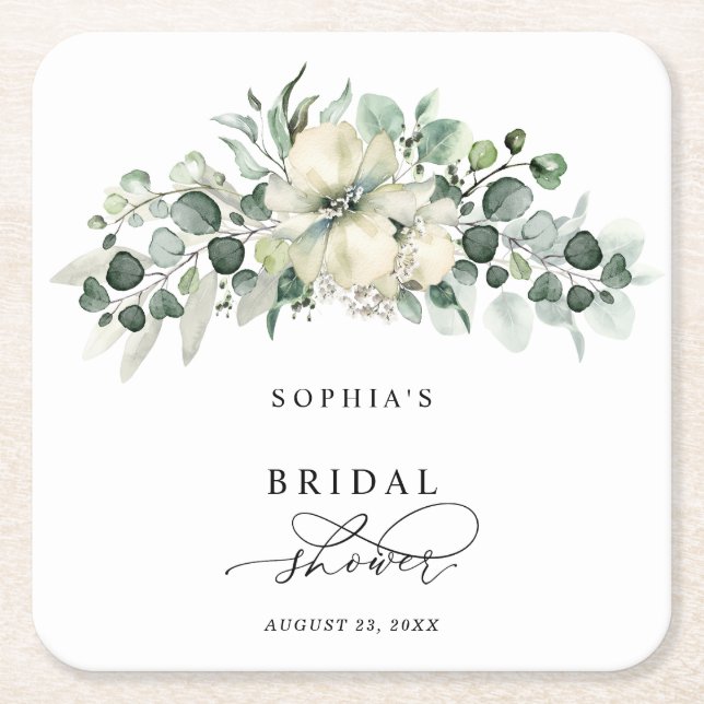 Greenery Eucalyptus Bridal Shower Square Paper Coaster (Front)