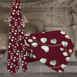 Greenery Eucalyptus Burgundy Wedding Tie