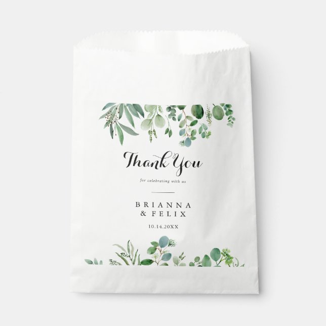 Greenery Eucalyptus Calligraphy Thank You Wedding Favour Bags (Front)