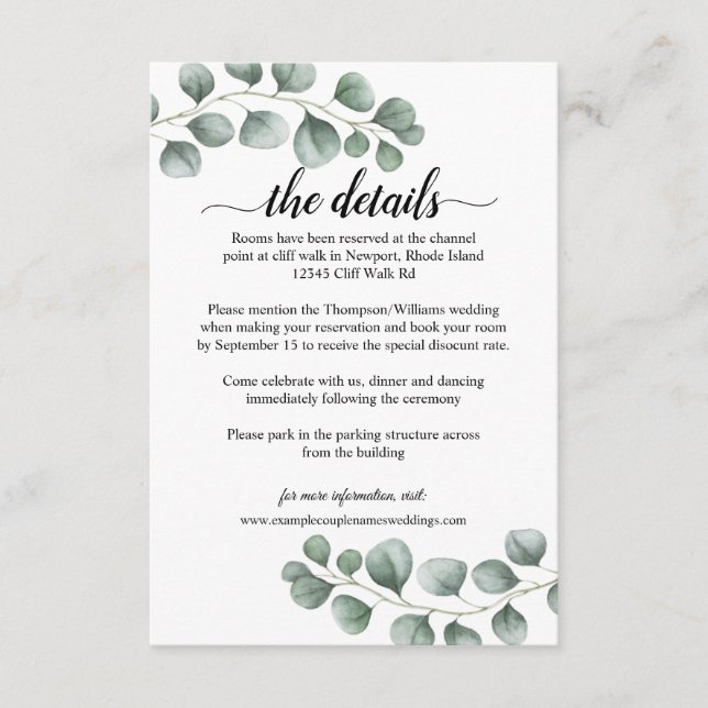Greenery Eucalyptus Calligraphy Wedding Details Enclosure Card (Front)