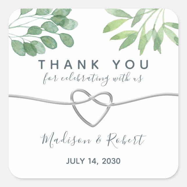 Greenery Eucalyptus Calligraphy Wedding Favour Square Sticker (Front)
