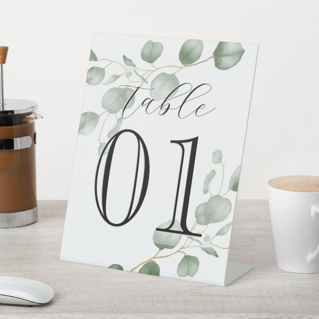 Greenery, Eucalyptus, Custom Number, Wedding, Café Pedestal Sign (In SItu)