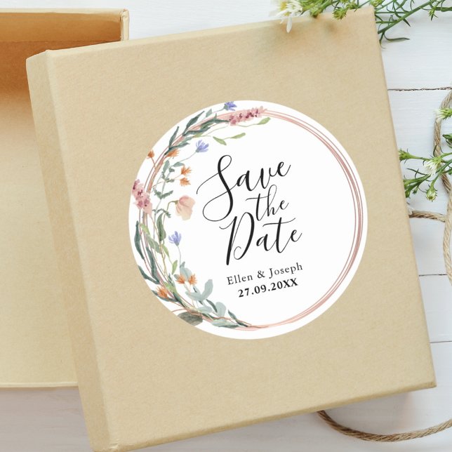 Greenery Eucalyptus Custom Wedding Save The Date Classic Round Sticker (Creator Uploaded)