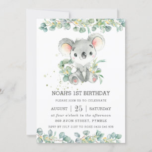Greenery Eucalyptus Cute Koala Birthday  Invitation