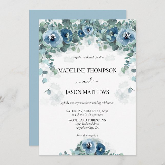 Greenery Eucalyptus Dusty blue Floral 2 Wedding Invitation (Front/Back)