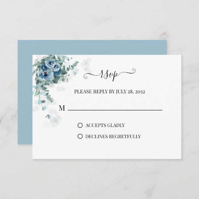 Greenery Eucalyptus Dusty blue Floral 2 Wedding RSVP Card (Front/Back)