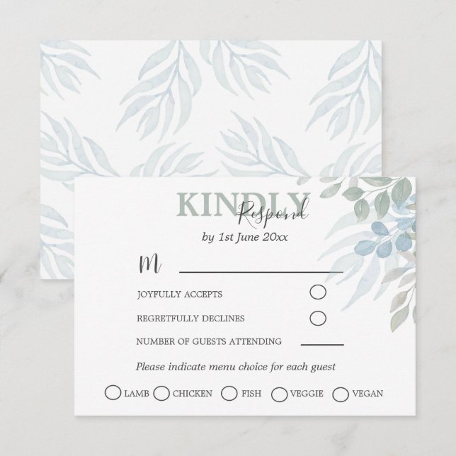 Greenery Eucalyptus Dusty Blue Wedding RSVP Card (Front/Back)