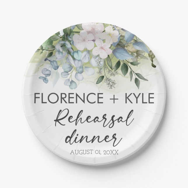 Greenery Eucalyptus Elegant Dusty Rehearsal Dinner Paper Plate (Front)