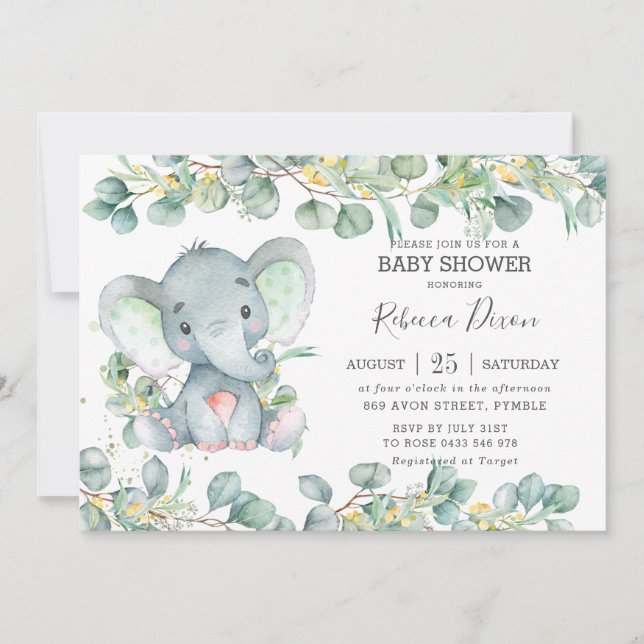 Greenery Eucalyptus Elephant Baby Shower Neutral Invitation (Front)